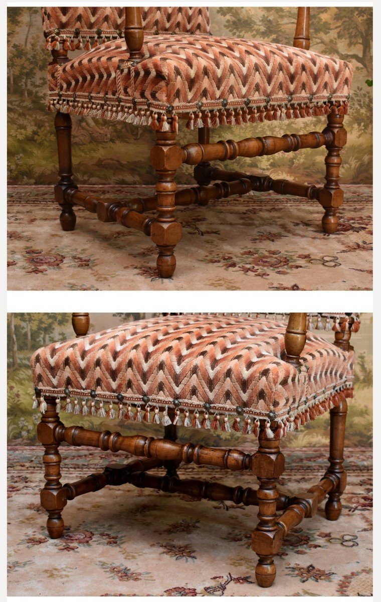 Large Louis XIII - Louis XIV Style Armchair, Wide And High Back, Herringbone Pattern Fabric-photo-2