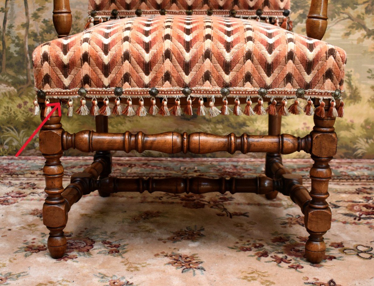 Large Louis XIII - Louis XIV Style Armchair, Wide And High Back, Herringbone Pattern Fabric-photo-8