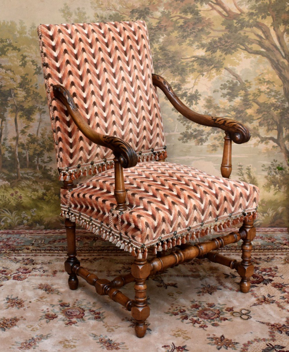 Large Louis XIII - Louis XIV Style Armchair, Wide And High Back, Herringbone Pattern Fabric