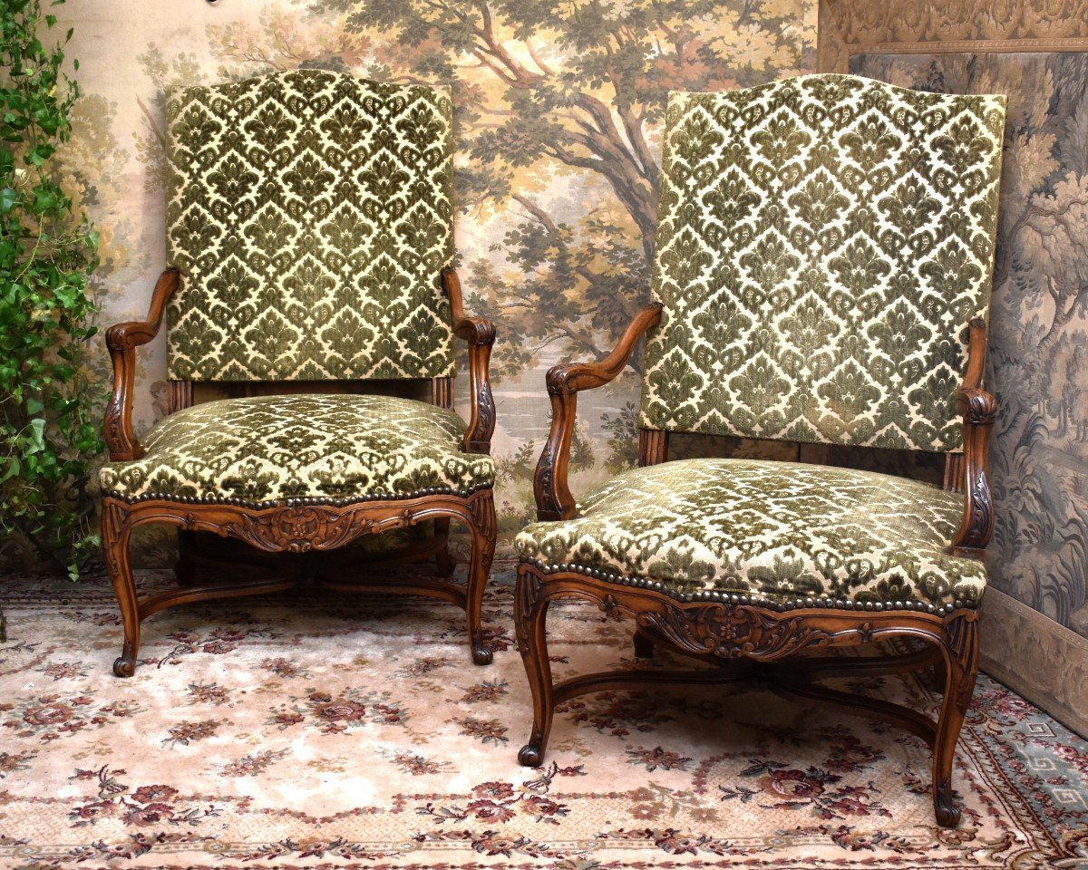 Important Pair Of Large And Tall Carved Armchairs, Regency Style, X-shaped Spacer,-photo-2