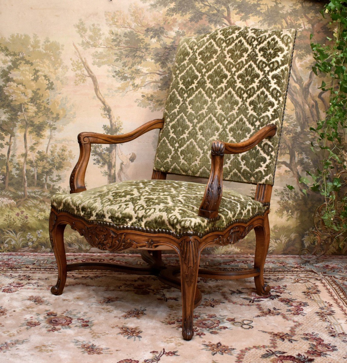 Important Pair Of Large And Tall Carved Armchairs, Regency Style, X-shaped Spacer,-photo-3