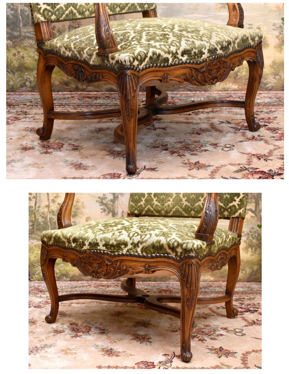 Important Pair Of Large And Tall Carved Armchairs, Regency Style, X-shaped Spacer,-photo-2