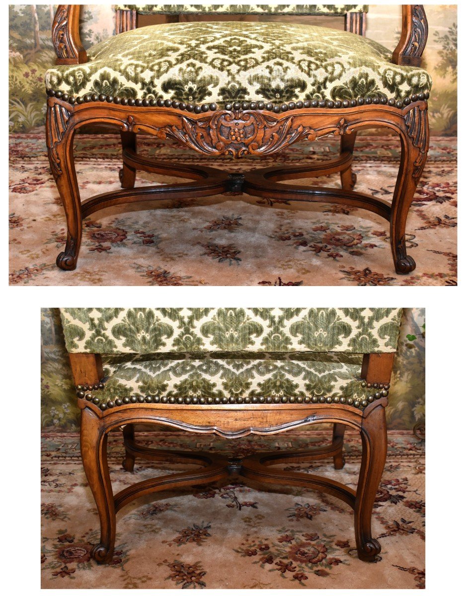 Important Pair Of Large And Tall Carved Armchairs, Regency Style, X-shaped Spacer,-photo-3