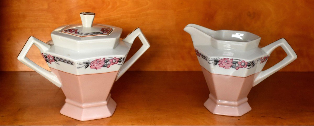 Tête à Tête, Limoges Porcelain Service For 2 People, Art Deco Circa 1930 Floral Decor-photo-2