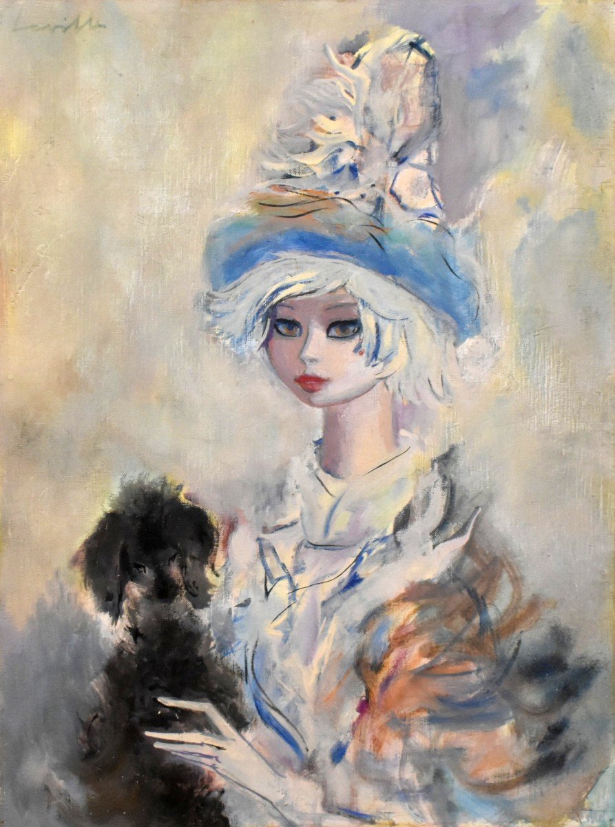 Henri Laville (1916-1995) Portrait Entitled "young Girl And Her Dog".-photo-2