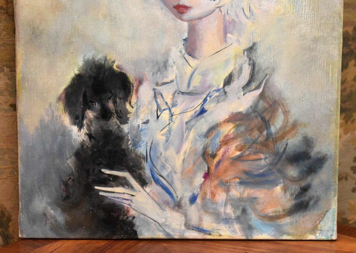 Henri Laville (1916-1995) Portrait Entitled "young Girl And Her Dog".-photo-2