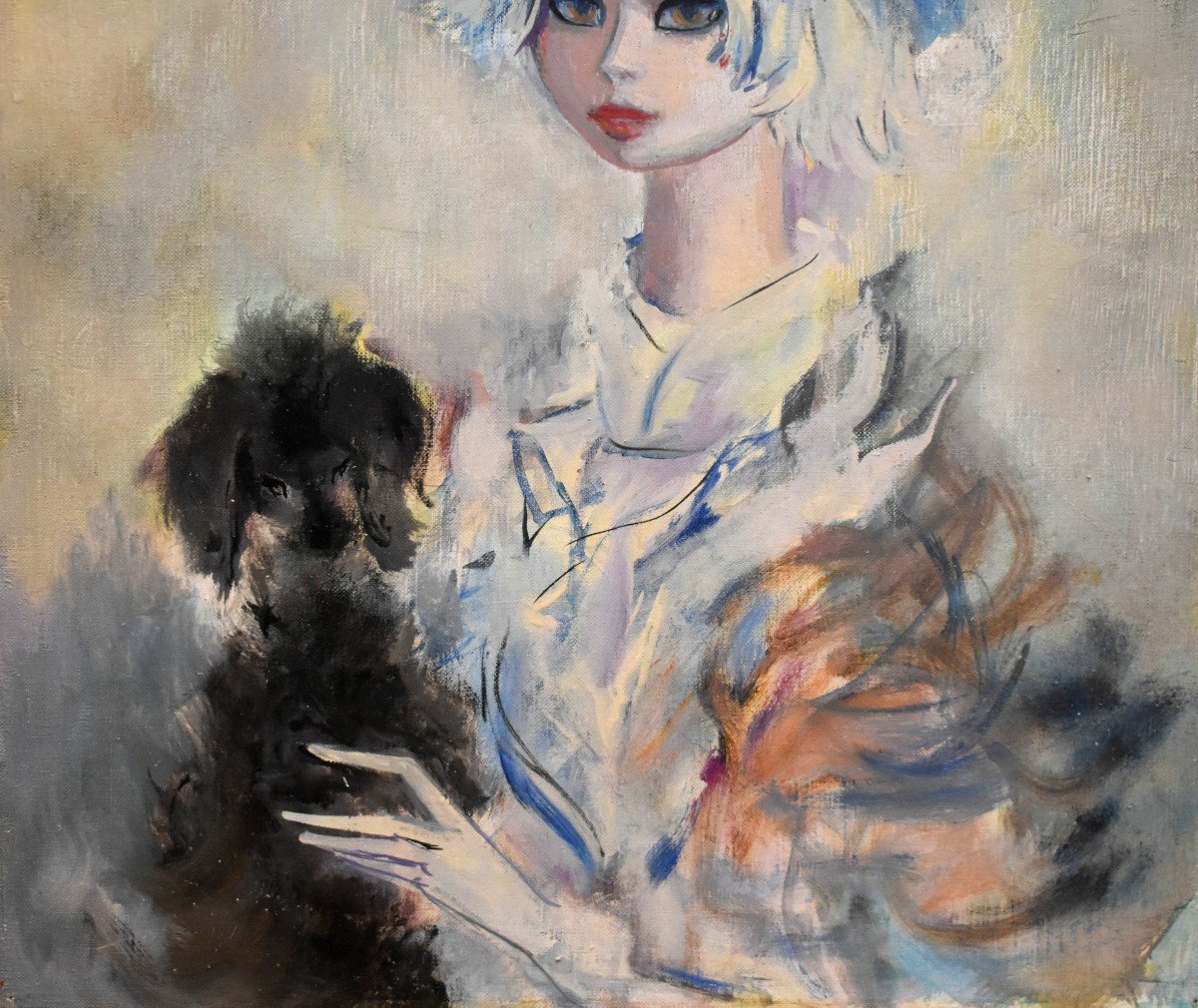 Henri Laville (1916-1995) Portrait Entitled "young Girl And Her Dog".-photo-3