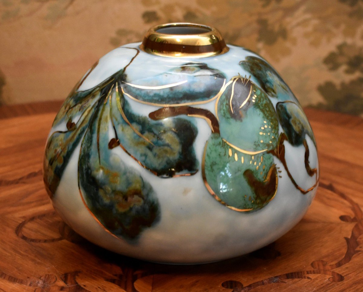 Camille Tharaud Limoges, Flattened Ball Vase In Enameled Porcelain With Foliage Decor-photo-2