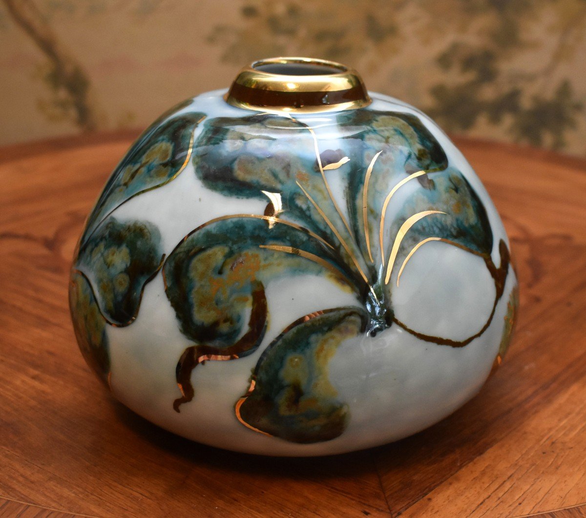 Camille Tharaud Limoges, Flattened Ball Vase In Enameled Porcelain With Foliage Decor-photo-3