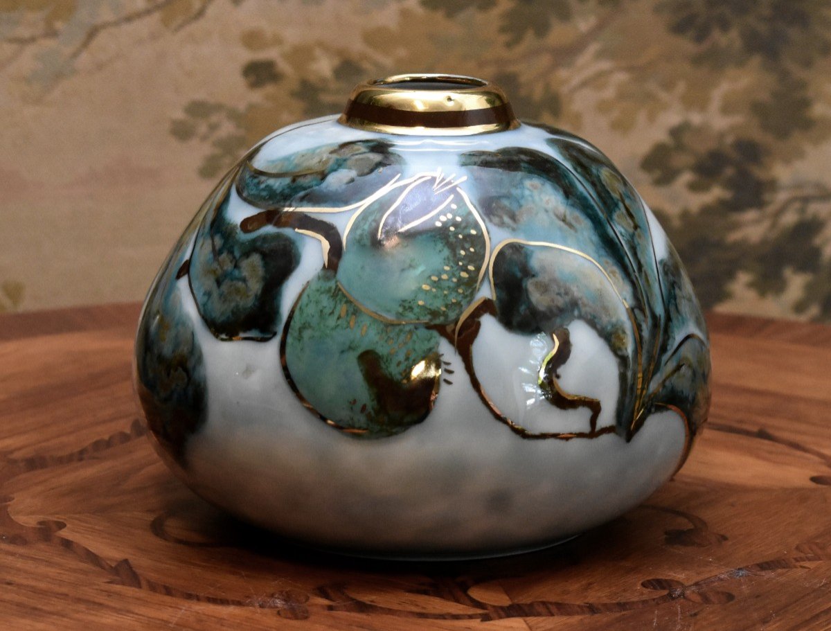 Camille Tharaud Limoges, Flattened Ball Vase In Enameled Porcelain With Foliage Decor-photo-4