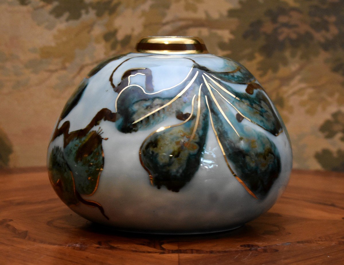 Camille Tharaud Limoges, Flattened Ball Vase In Enameled Porcelain With Foliage Decor-photo-1