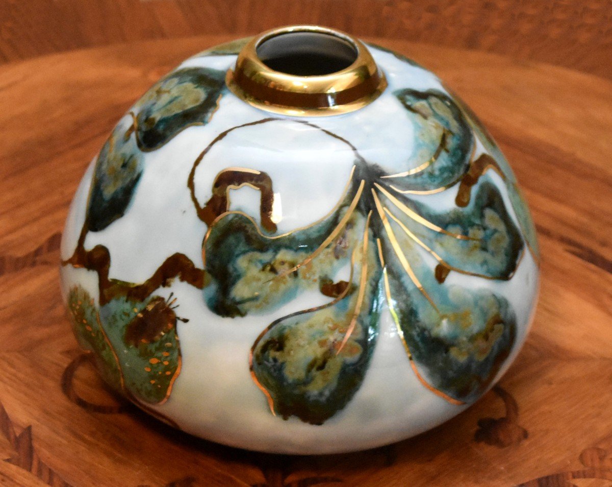 Camille Tharaud Limoges, Flattened Ball Vase In Enameled Porcelain With Foliage Decor-photo-2