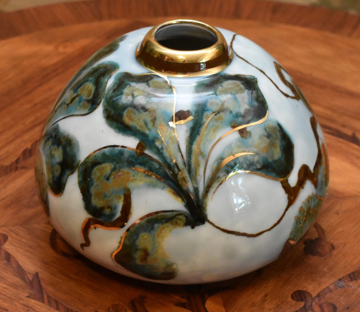 Camille Tharaud Limoges, Flattened Ball Vase In Enameled Porcelain With Foliage Decor-photo-3