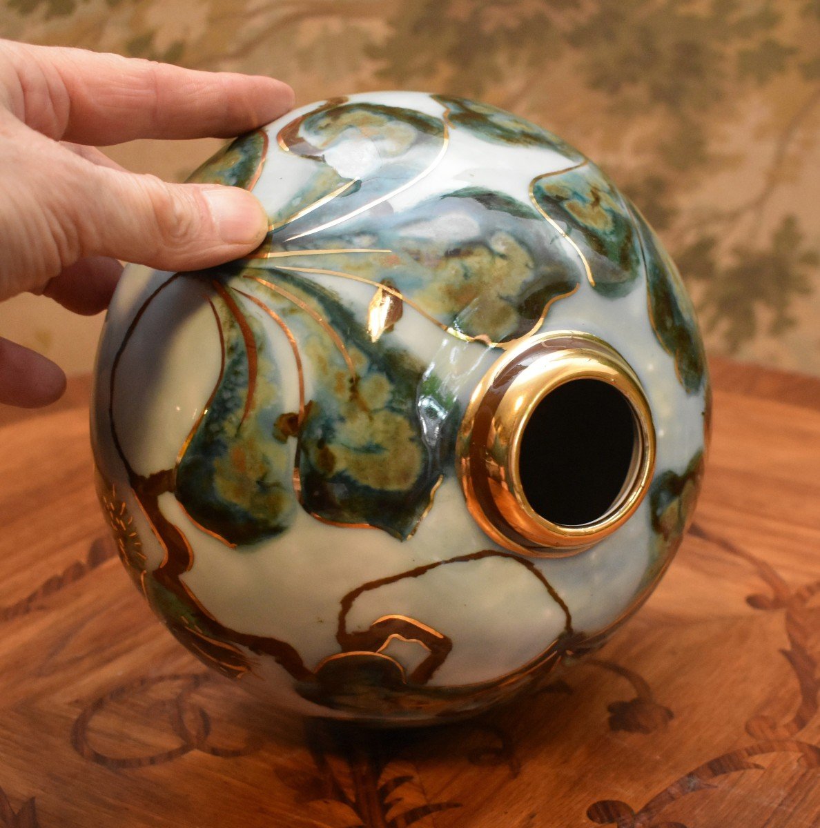 Camille Tharaud Limoges, Flattened Ball Vase In Enameled Porcelain With Foliage Decor-photo-4