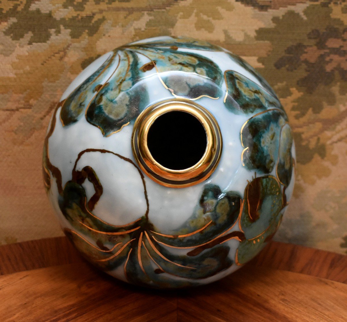 Camille Tharaud Limoges, Flattened Ball Vase In Enameled Porcelain With Foliage Decor-photo-5