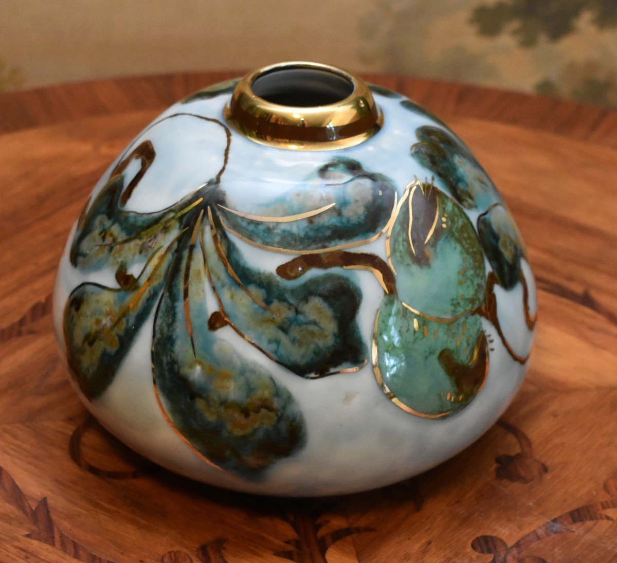 Camille Tharaud Limoges, Flattened Ball Vase In Enameled Porcelain With Foliage Decor