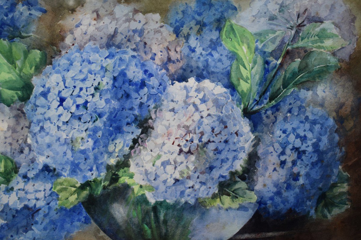 Madeleine Doubrère ( 1882-1967 ) Nature Morte , Bouquet d'Hortensias élève De Blanche Odin-photo-2