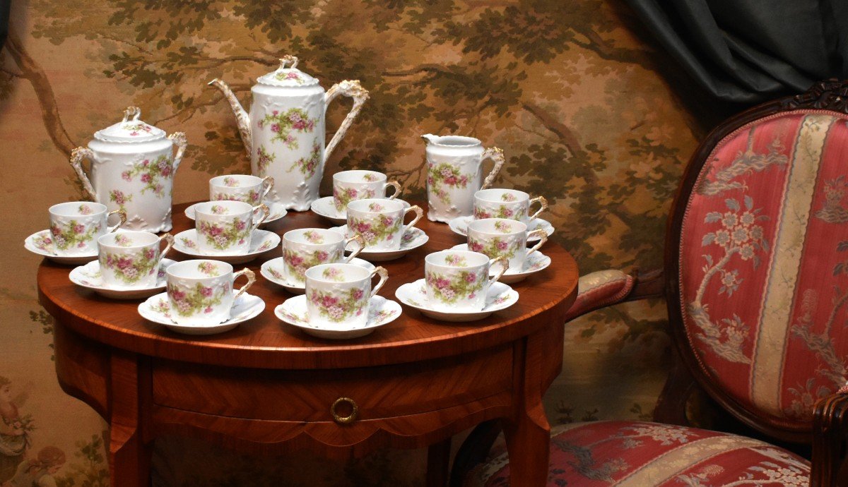 Coffee Service, Plainemaison Limoges Porcelain, Late 19th Century, Louis XV Rocaille Style, 12 Per