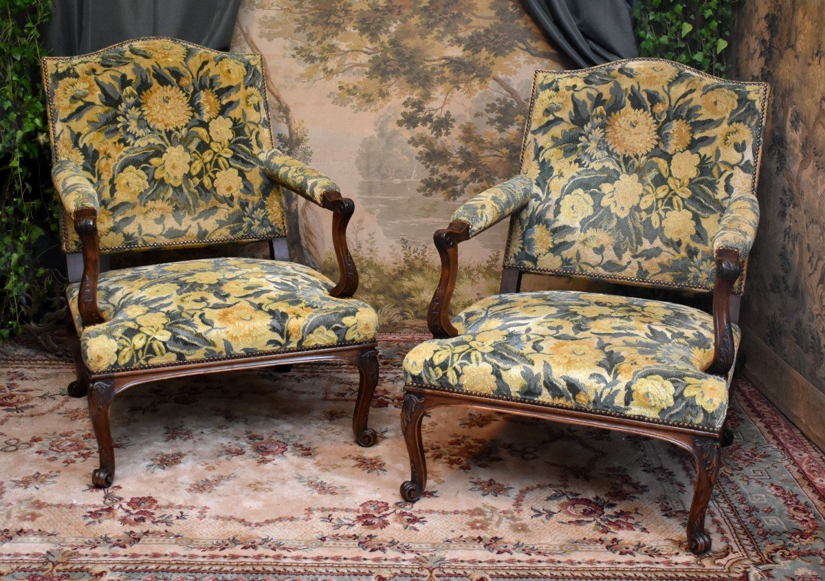 Pair Of Important Armchairs With Large, High, Flat Backs In The Regency Style, Late 19th Century