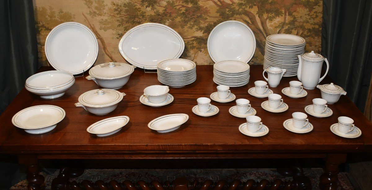 Table And Coffee Service For 10 People, In White Porcelain And Limoges Gold Trim