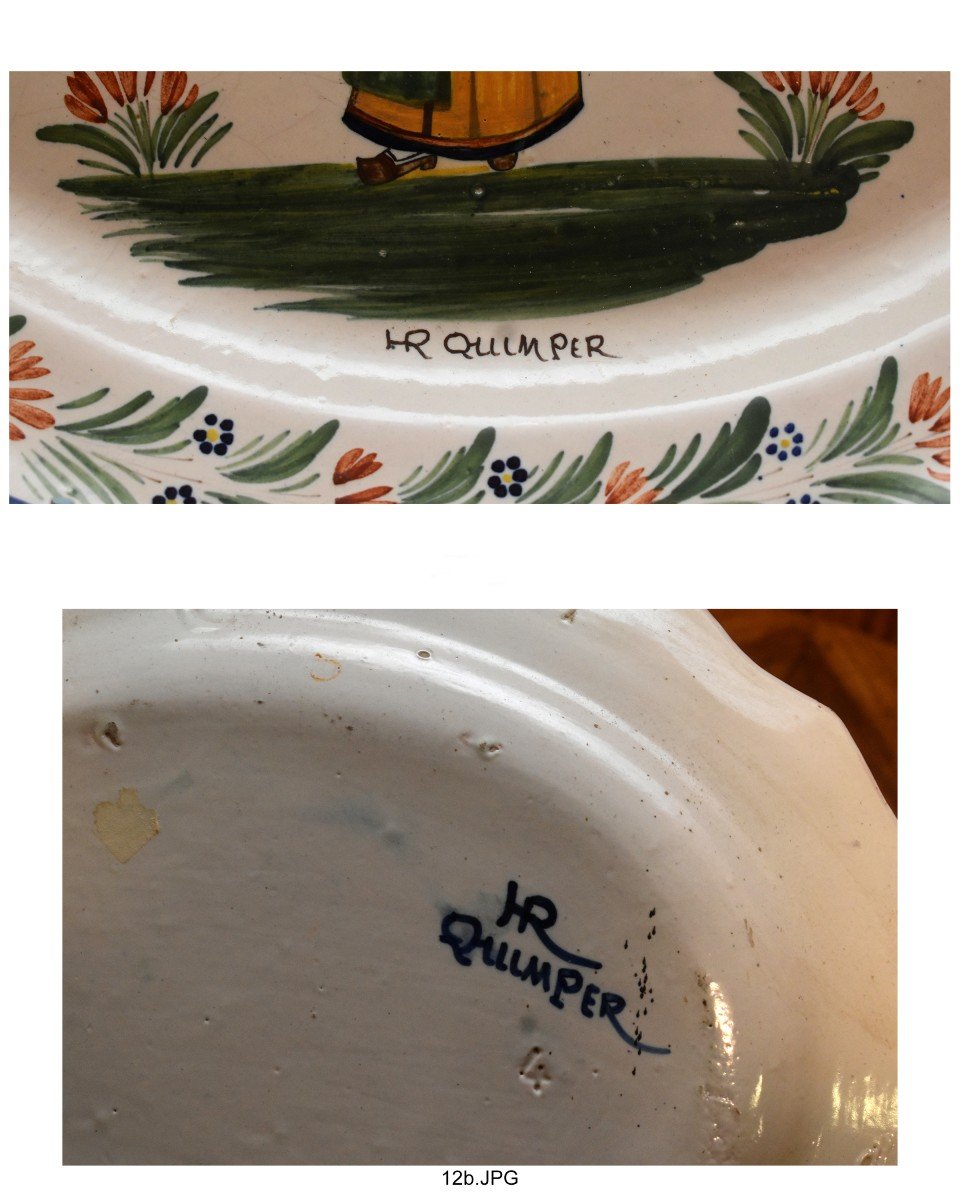 Henriot Quimper, Large Decorative Dish Signed Hr Breton Character, Woman In Traditional Clothing -photo-8