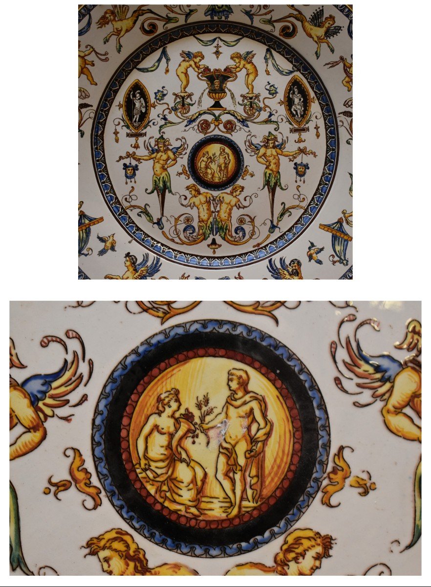 Important Decorative Dish In Gien Earthenware Period 1866, Italian Renaissance Decor, 19th Century-photo-3