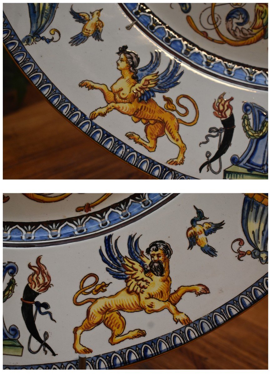 Important Decorative Dish In Gien Earthenware Period 1866, Italian Renaissance Decor, 19th Century-photo-5