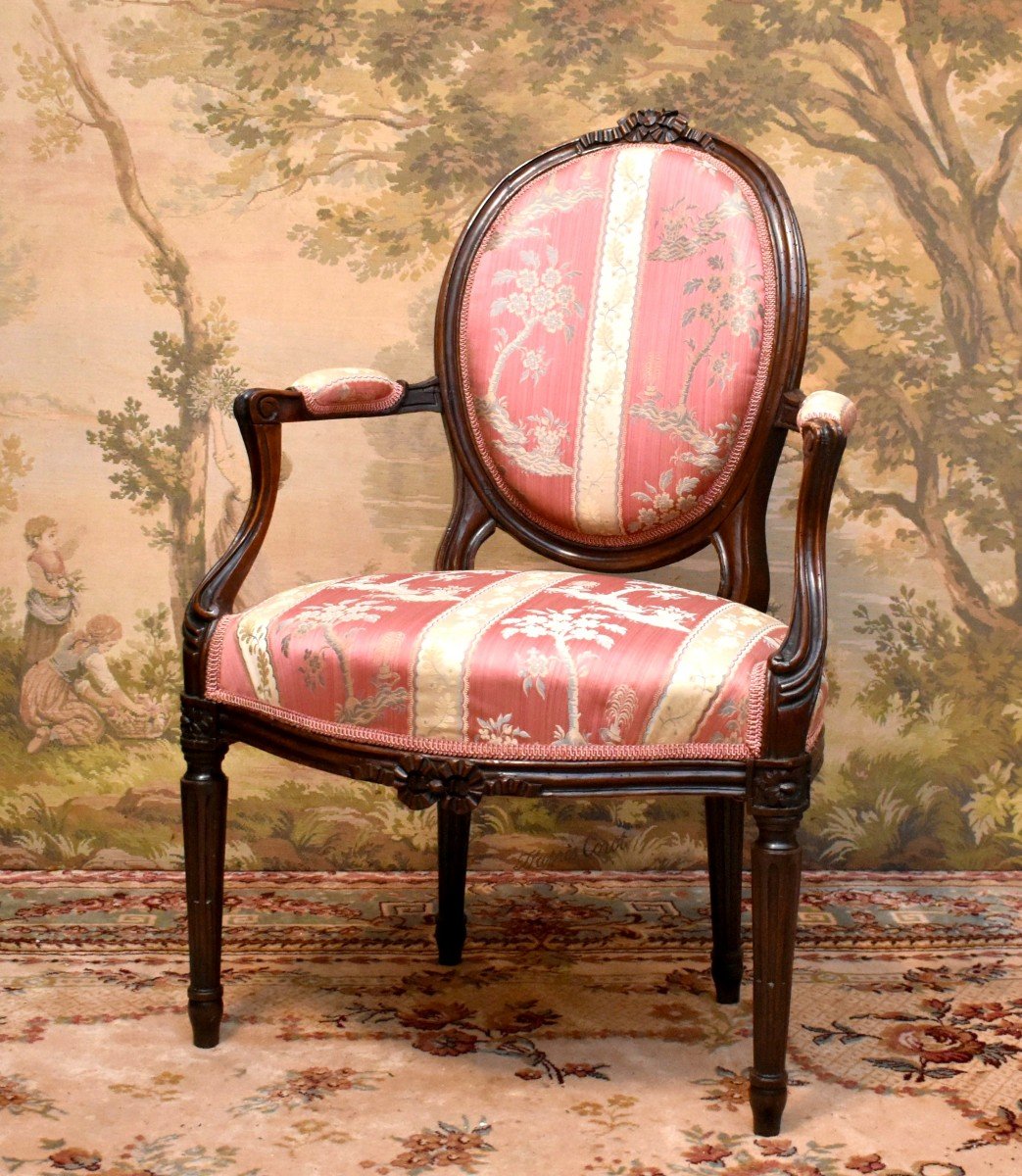 Louis XVI Period Armchair With Medallion Back, Redone Upholstery, 18th Century