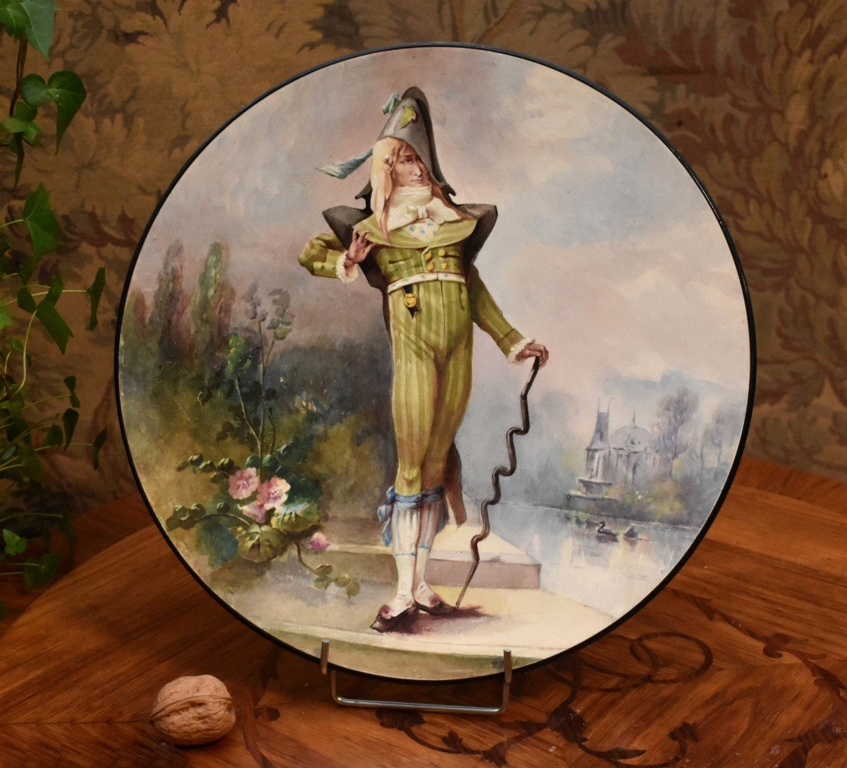 E. Faux, 1889, Large Decorative Dish In Hand-painted Earthenware, Man In Early 19th Century Clothing-photo-2