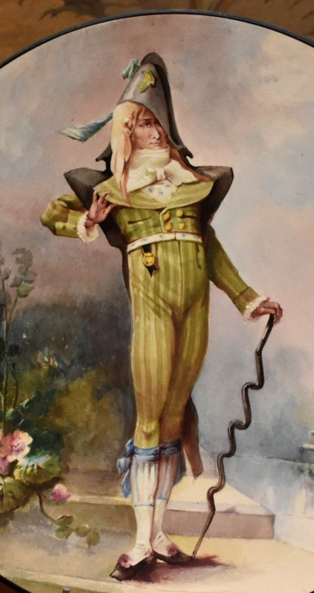 E. Faux, 1889, Large Decorative Dish In Hand-painted Earthenware, Man In Early 19th Century Clothing-photo-3