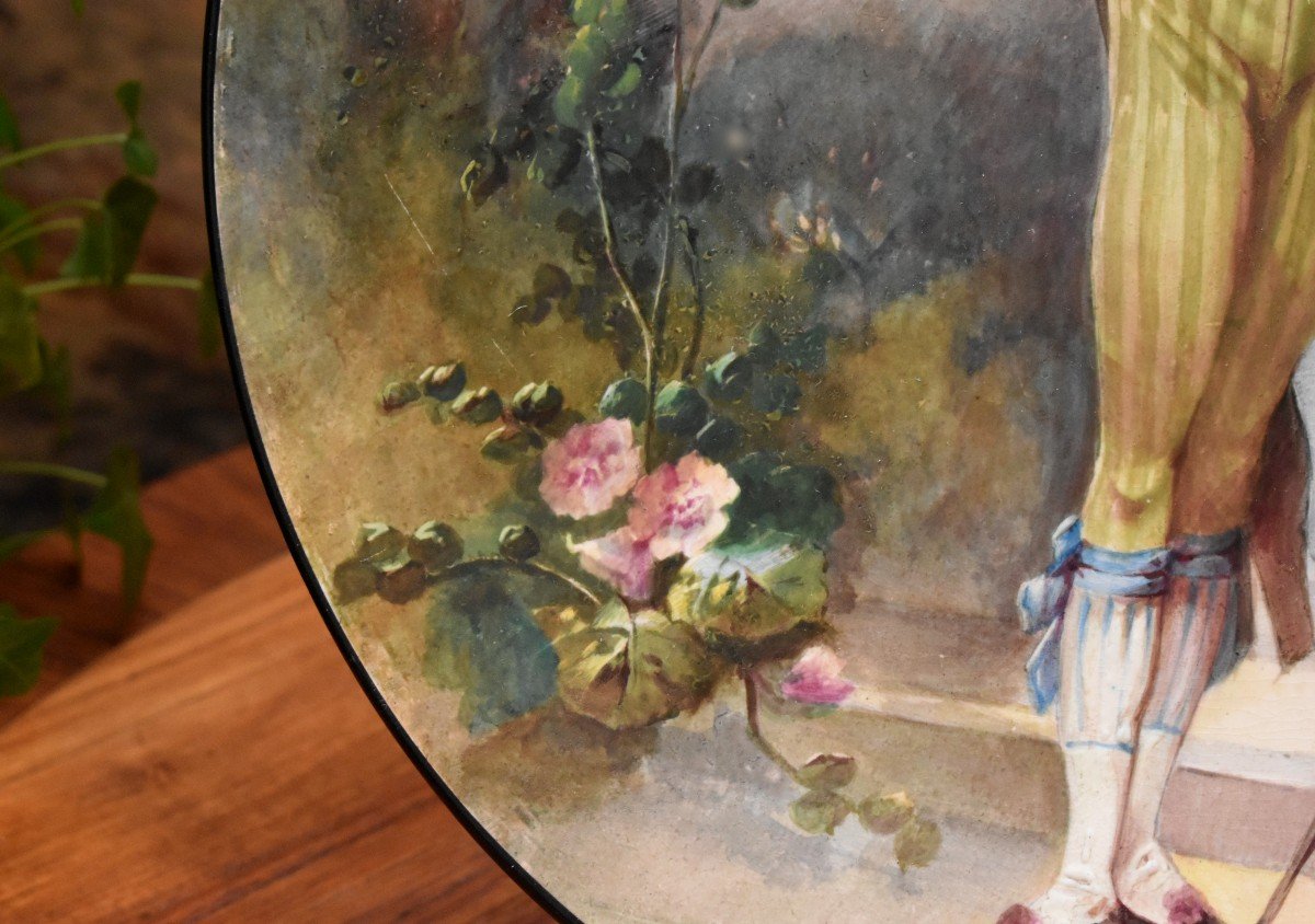 E. Faux, 1889, Large Decorative Dish In Hand-painted Earthenware, Man In Early 19th Century Clothing-photo-4