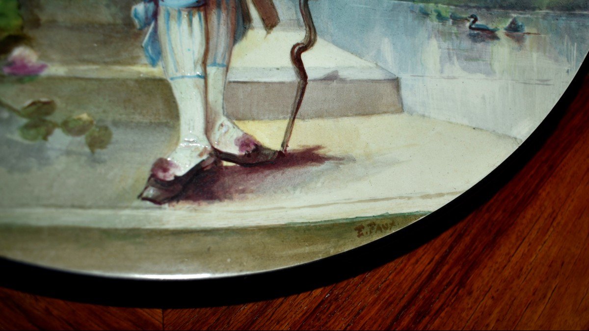 E. Faux, 1889, Large Decorative Dish In Hand-painted Earthenware, Man In Early 19th Century Clothing-photo-6