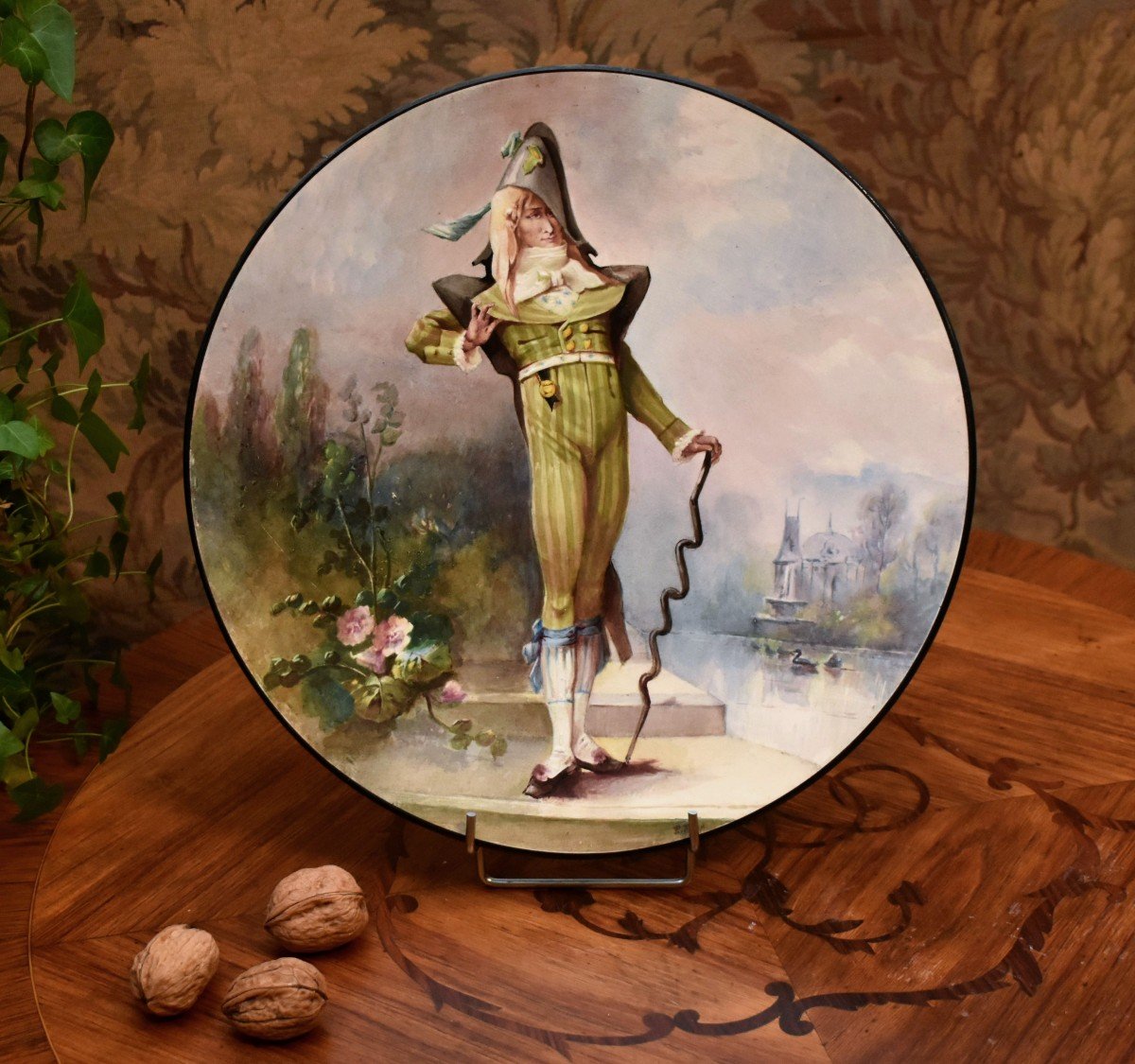 E. Faux, 1889, Large Decorative Dish In Hand-painted Earthenware, Man In Early 19th Century Clothing