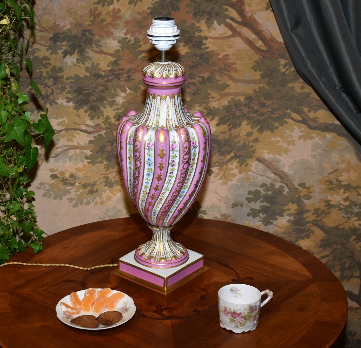 Large Baluster-shaped Lamp Base With Gadroons And Torses, In Paris Porcelain, Floral Decor-photo-2