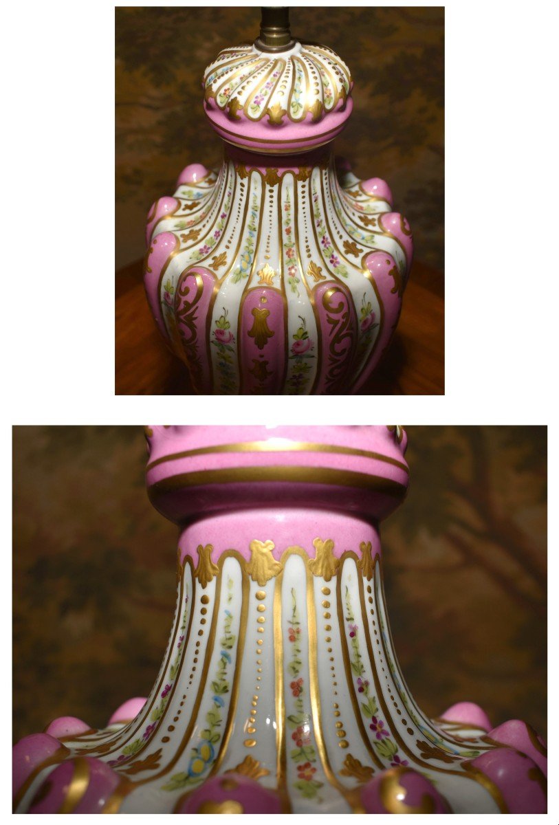 Large Baluster-shaped Lamp Base With Gadroons And Torses, In Paris Porcelain, Floral Decor-photo-5