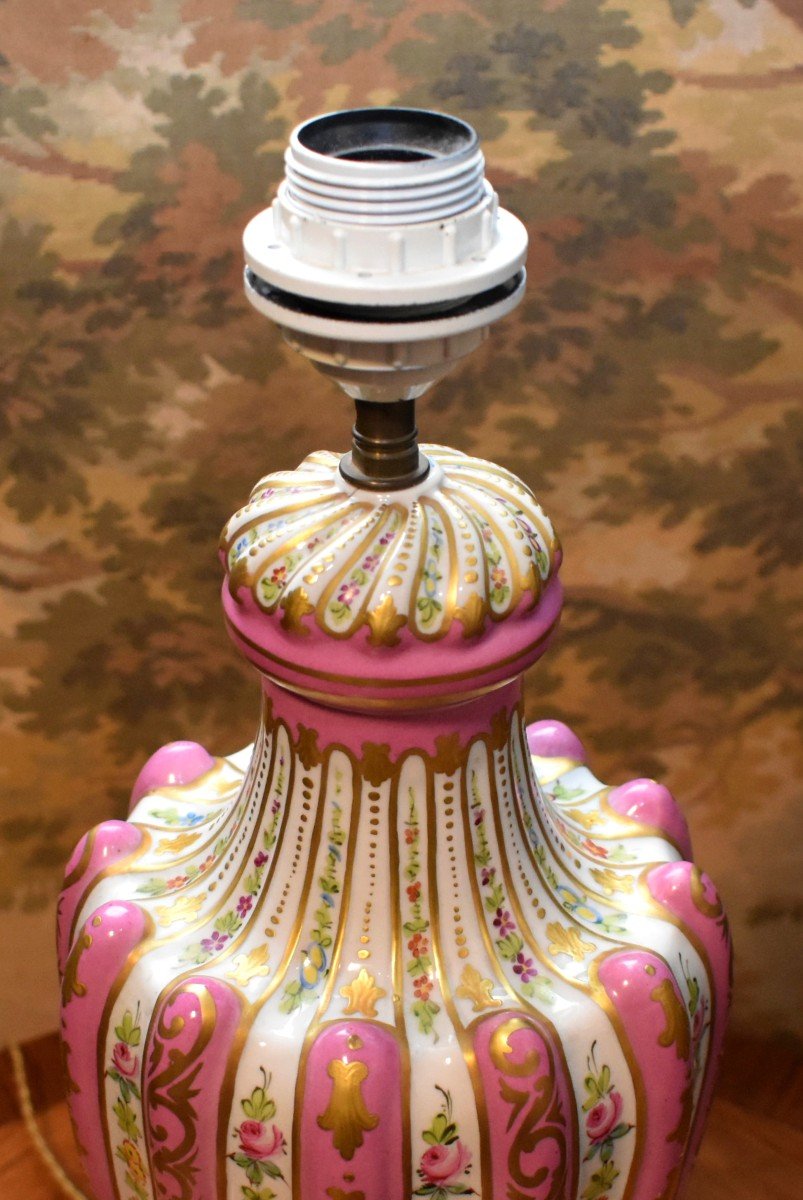 Large Baluster-shaped Lamp Base With Gadroons And Torses, In Paris Porcelain, Floral Decor-photo-6