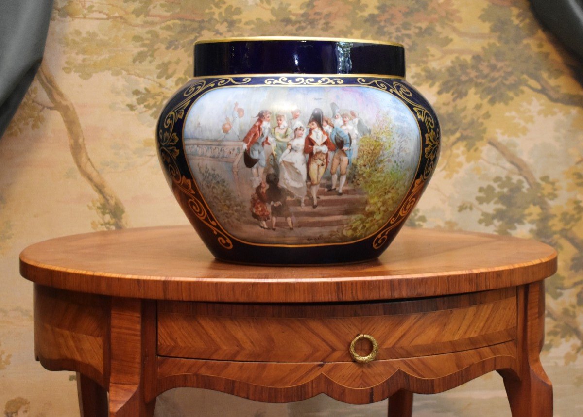 Important Blue Porcelain Cache Pot, Michelaud Fres Limoges, Galante Scene Decor  -photo-2