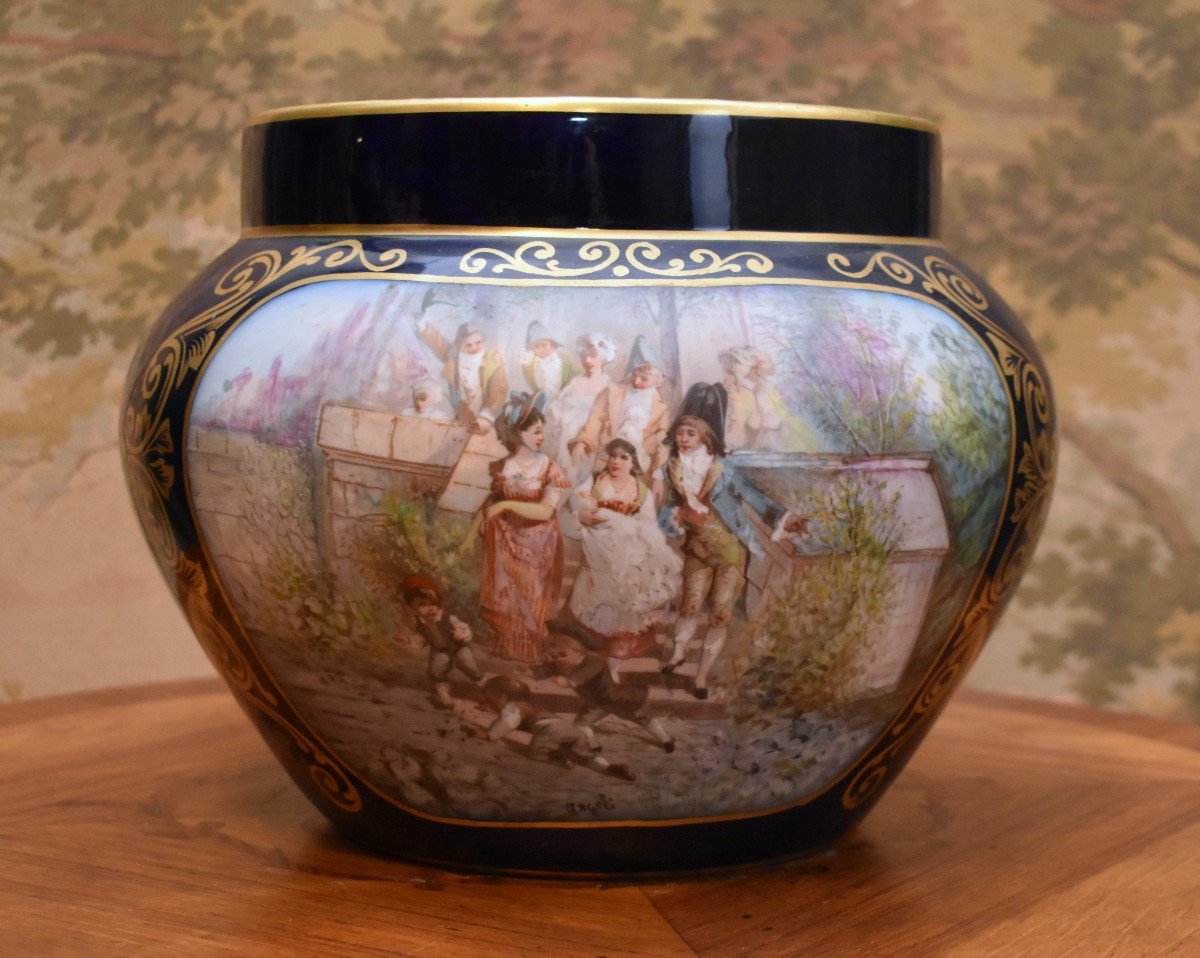 Important Blue Porcelain Cache Pot, Michelaud Fres Limoges, Galante Scene Decor  -photo-3