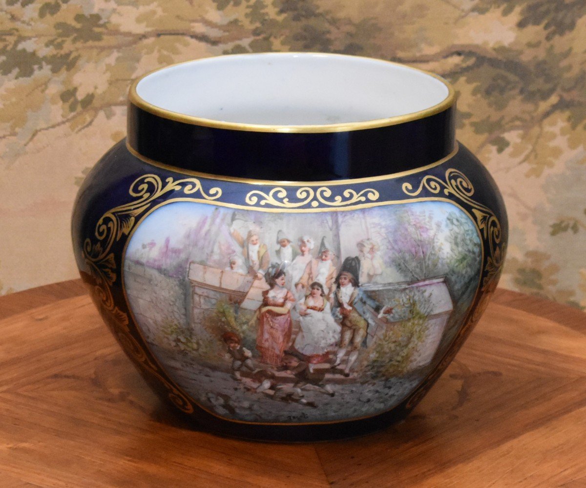 Important Blue Porcelain Cache Pot, Michelaud Fres Limoges, Galante Scene Decor  -photo-4