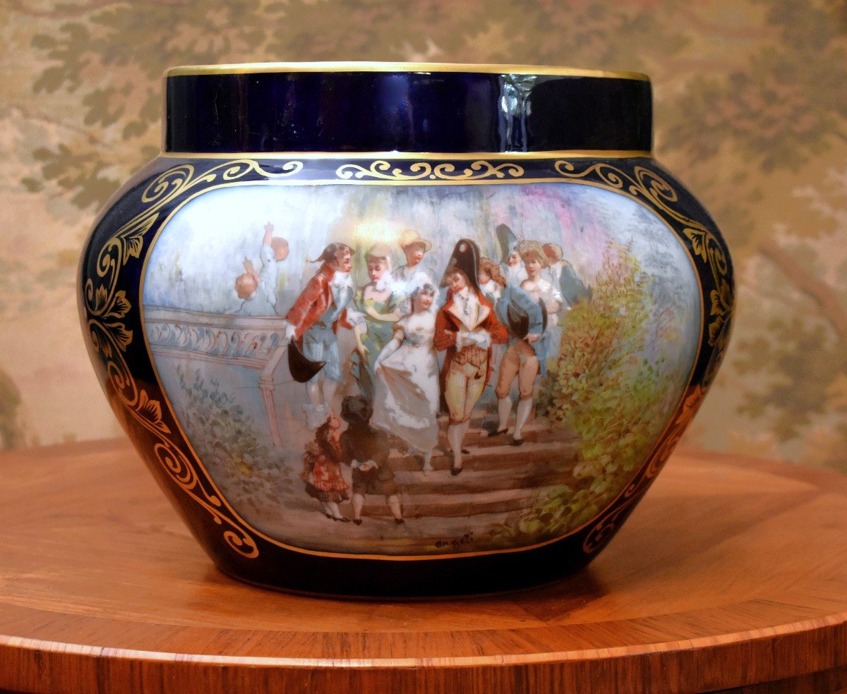 Important Blue Porcelain Cache Pot, Michelaud Fres Limoges, Galante Scene Decor  -photo-3