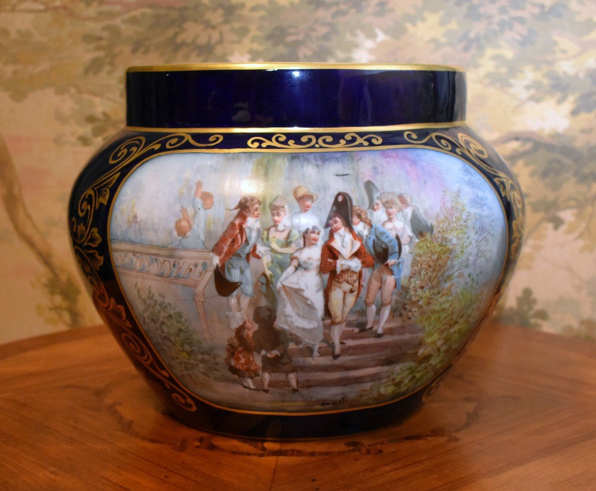 Important Blue Porcelain Cache Pot, Michelaud Fres Limoges, Galante Scene Decor  -photo-4