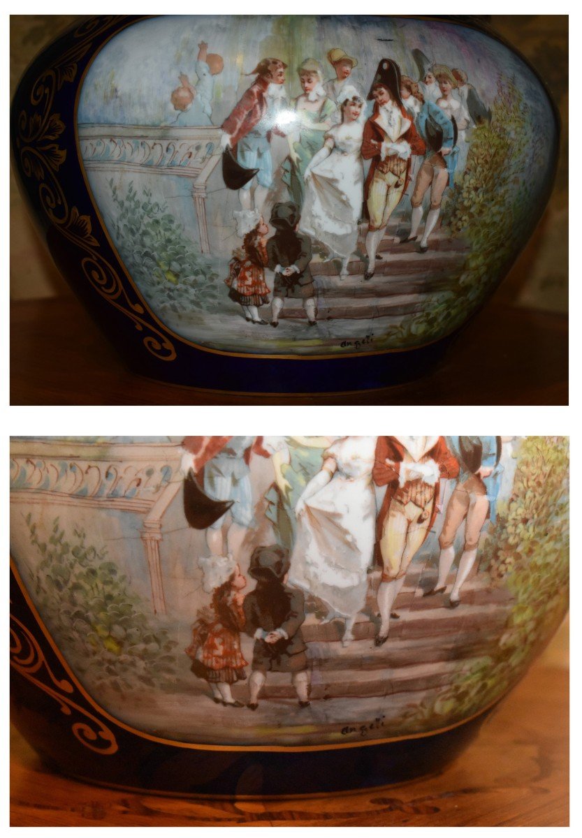 Important Blue Porcelain Cache Pot, Michelaud Fres Limoges, Galante Scene Decor  -photo-5