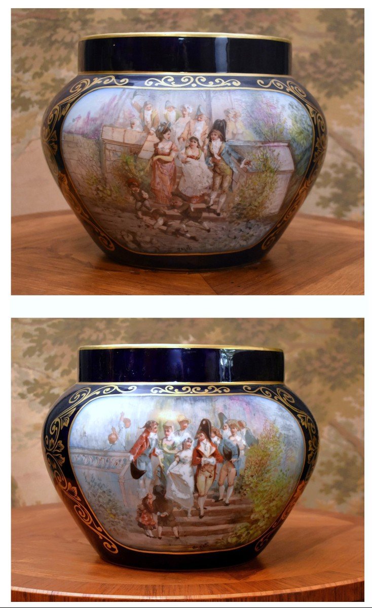 Important Blue Porcelain Cache Pot, Michelaud Fres Limoges, Galante Scene Decor  