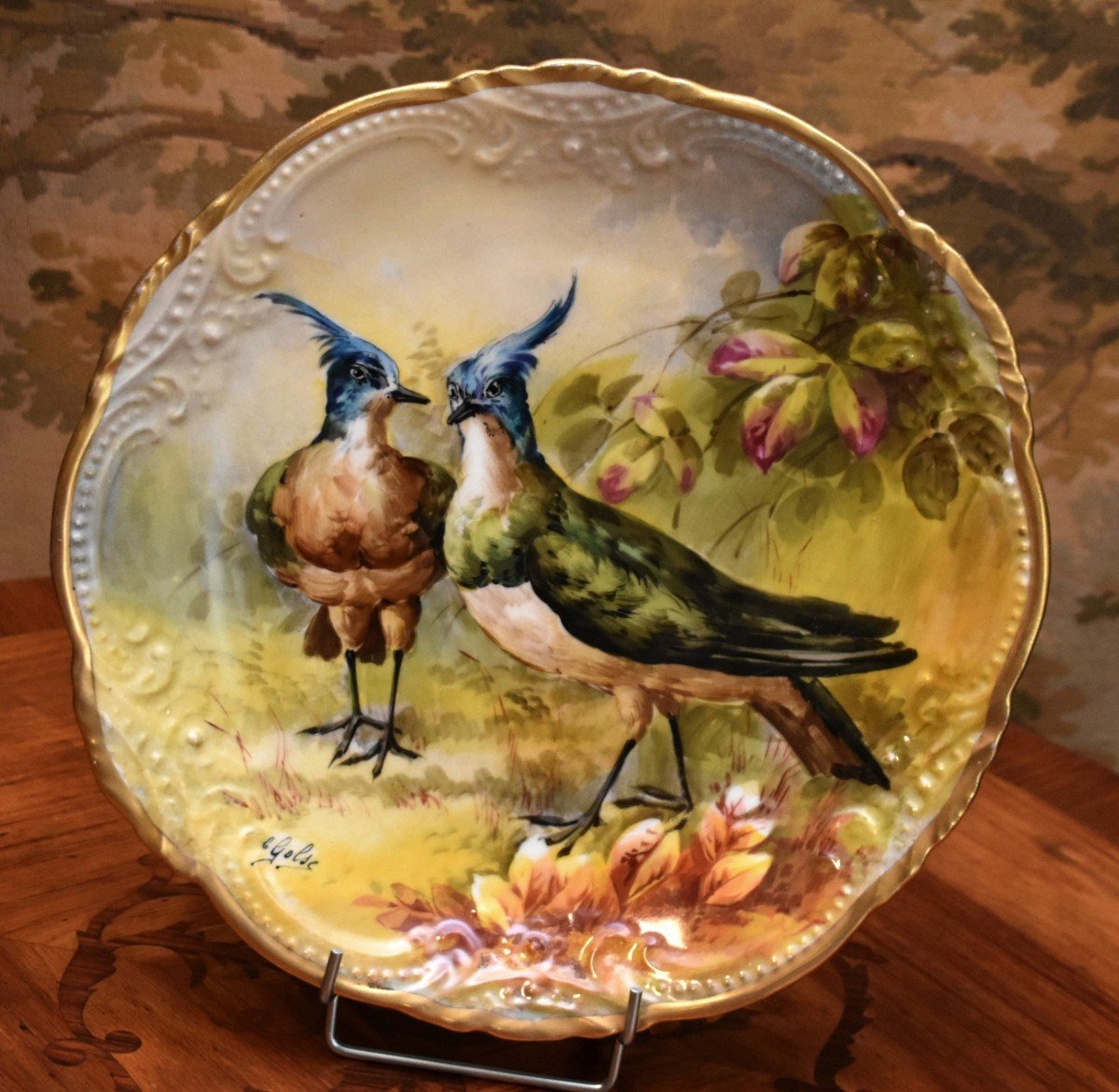 Golse , Grand Plat Décoratif En Porcelaine Maas Sigismond Limoges , Oiseaux , Peint Main , 1898-photo-2