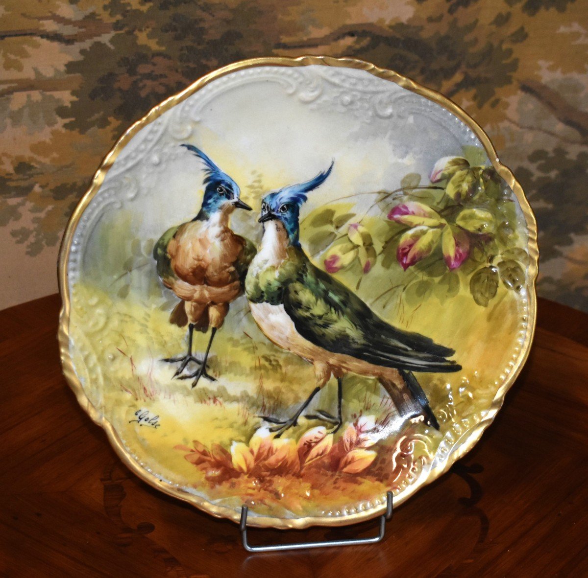 Golse , Grand Plat Décoratif En Porcelaine Maas Sigismond Limoges , Oiseaux , Peint Main , 1898-photo-3