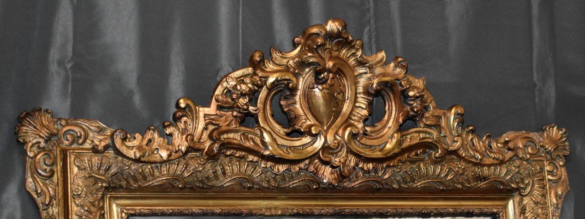 Large Louis XV Style Pediment Mirror, Napoleon III Period, Wooden Mirror And Gilded Stucco   -photo-4