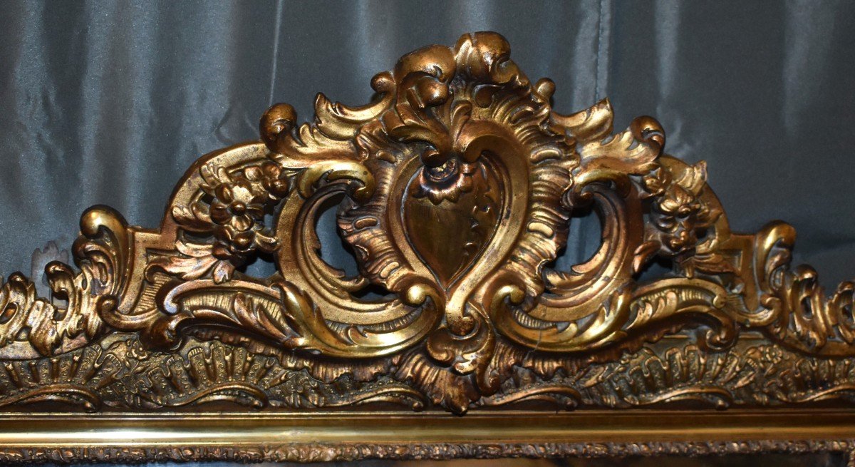 Large Louis XV Style Pediment Mirror, Napoleon III Period, Wooden Mirror And Gilded Stucco   -photo-1