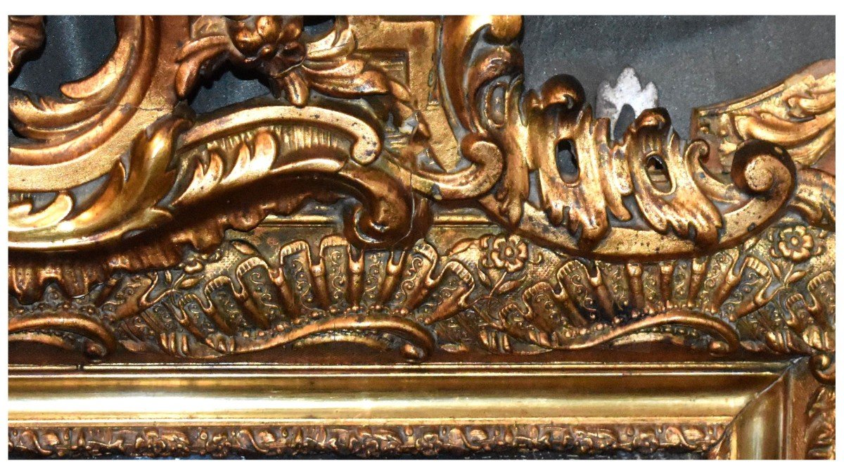 Large Louis XV Style Pediment Mirror, Napoleon III Period, Wooden Mirror And Gilded Stucco   -photo-2