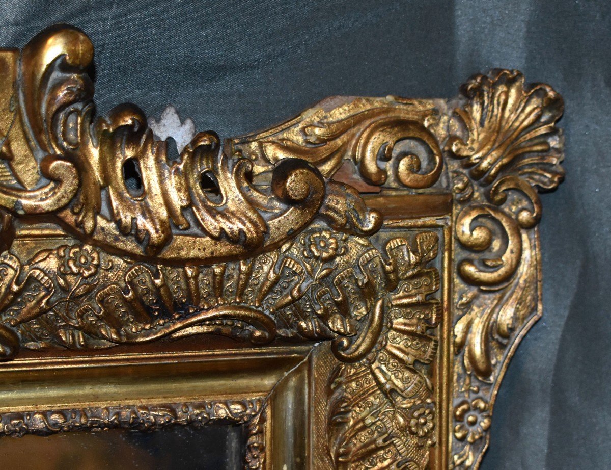 Large Louis XV Style Pediment Mirror, Napoleon III Period, Wooden Mirror And Gilded Stucco   -photo-5