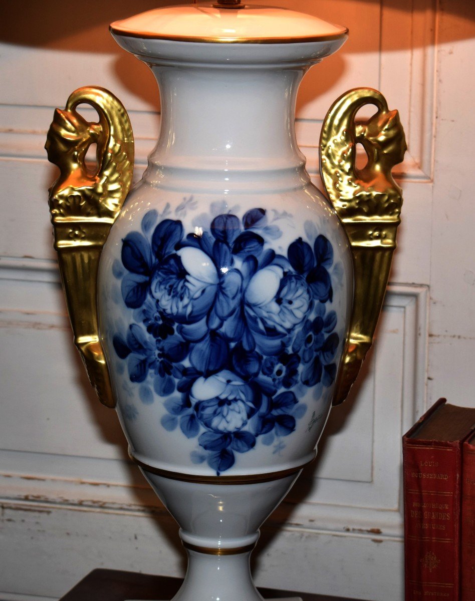 Caffy, Important Limoges Porcelain Lamp, Shades Of Blue, Hand Painted Floral Decor, Gold-photo-1